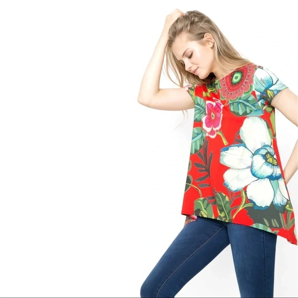 Desigual Red Floral Blouse Top Tunic Trapeze Sidetail Boho Artsy Colorful S B3 - Picture 3 of 12